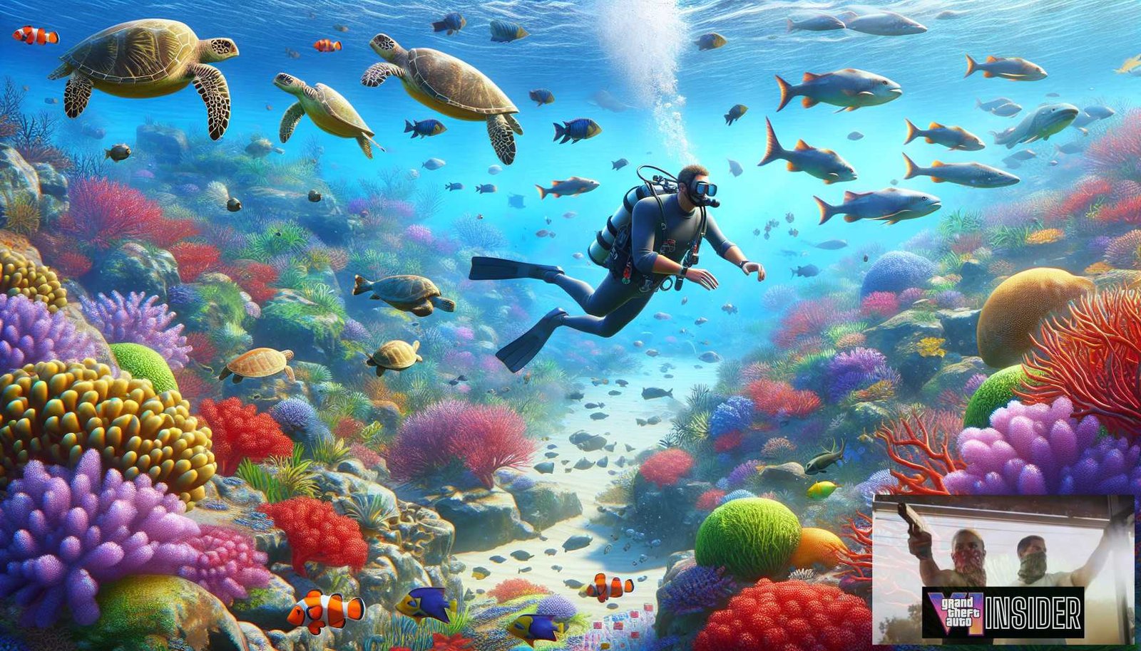 Illustration for section: Coral Reefs and Marine Life: The underwater environment in GTA VI is teeming with life. Swim through - gta vi underwater cheats